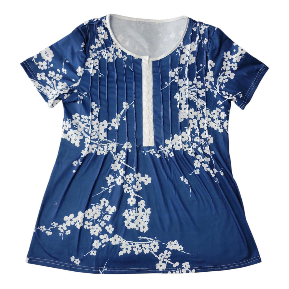 Women's XXL Floral Blue/White Buttons Short Sleeve Shirt FREE SHIPPING
